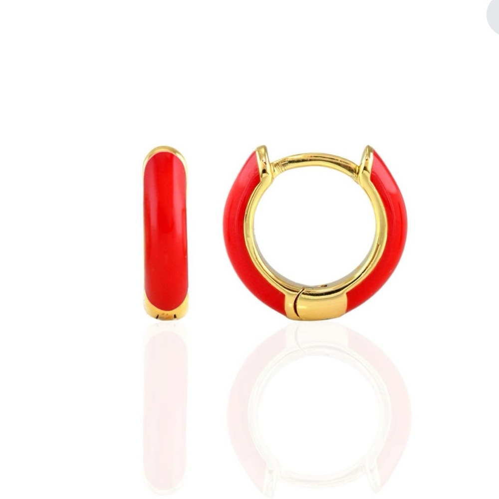 Kris Nations Sterling 18K Red Enamel Huggie Hoop Earrings